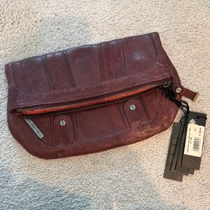 Burgundy Leather Diesel Black Gold Clutch with Zipper